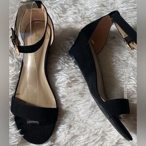 New women’s Sz 6.5 black suede low wedge heel business casual party sandals
